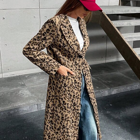 Multicolor Casual Women's Leopard Print Knitted Cinched Waist Stand Collar Coat - Picture 7 of 7